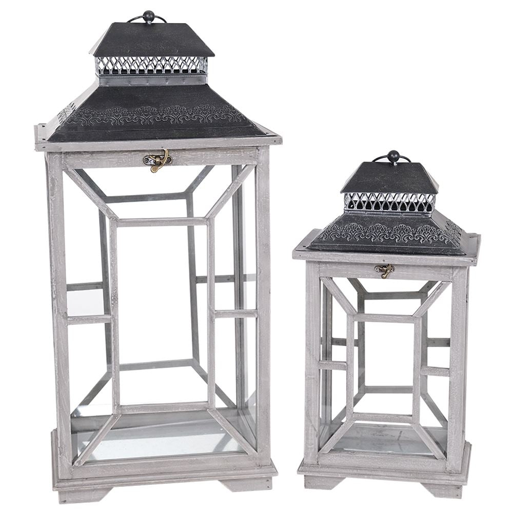 Set of 2 Grey and Metal Lanterns